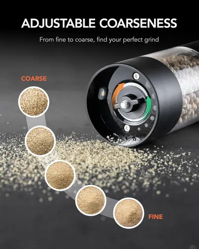 Highlights the product's ability to adjust grinding coarseness, allowing users to customize their grind from fine to coarse.