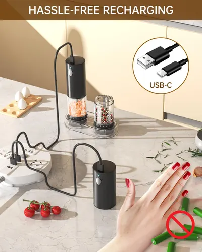 Highlights the hassle-free recharging feature of the product using USB-C, emphasizing convenience and compatibility.