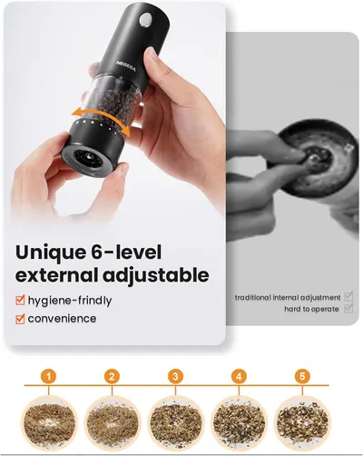 Highlights the unique 6-level external adjustable grind feature, emphasizing its hygiene-friendly and convenient design compared to traditional internal…