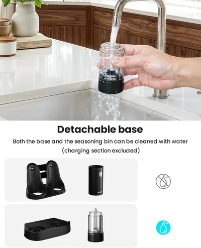 Highlights the product's easy-to-clean design, emphasizing that both the base and seasoning bin can be cleaned with water.