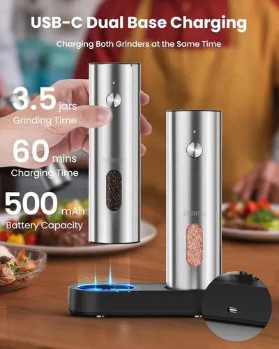 Highlights multiple key features of the electric grinder set, including dual charging capability, battery life, and grinding capacity to showcase its…