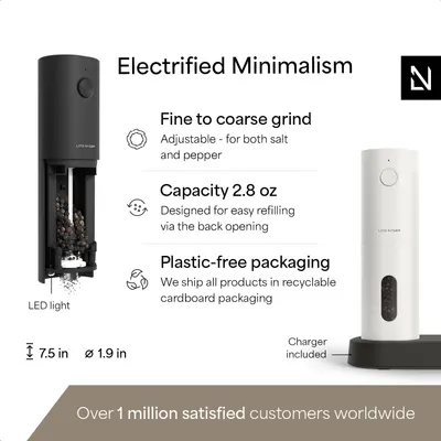 Highlights multiple key features of the electric salt/pepper grinder to showcase its versatility and convenience. Provides exact measurements of the product…