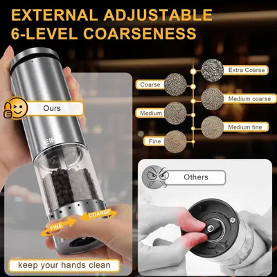 Highlights the product's 6-level adjustable coarseness feature, demonstrating its versatility for different grinding needs.
