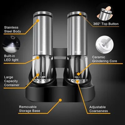 Highlights the key features and components of the electric salt and pepper grinder set, showcasing its premium materials and functionality.