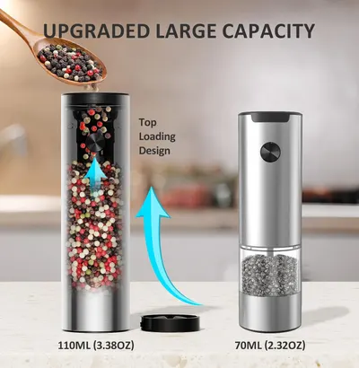 Highlights the upgraded large capacity and convenient top loading design of the spice grinder, emphasizing its improved functionality over previous models.