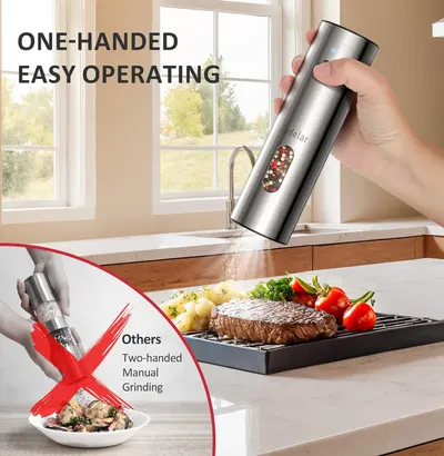 Highlights the ease of use by demonstrating one-handed operation of the electric pepper grinder, contrasting it with traditional manual grinders.