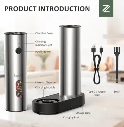 Introduces the key parts and features of the electric pepper grinder to help customers understand its functionality and design.