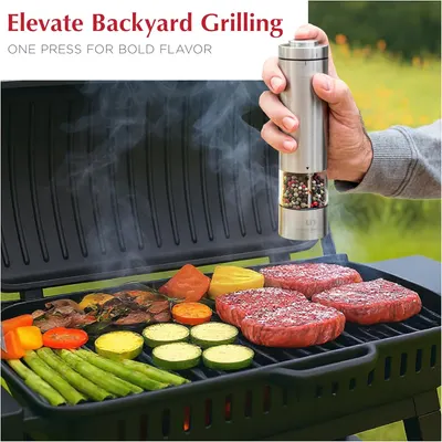 Demonstrates how the product easily adds flavor to grilled food with a single press, enhancing the backyard grilling experience. Shows the product being used…