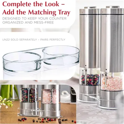 Shows an additional accessory (tray) that pairs with the main product to create a complete set and keep counters organized. Demonstrates how the product and…