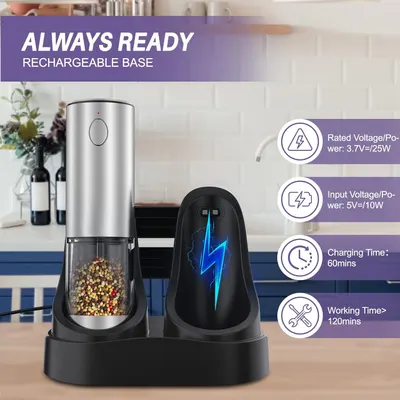Highlights the product's rechargeable base feature, emphasizing its convenience and readiness for use.