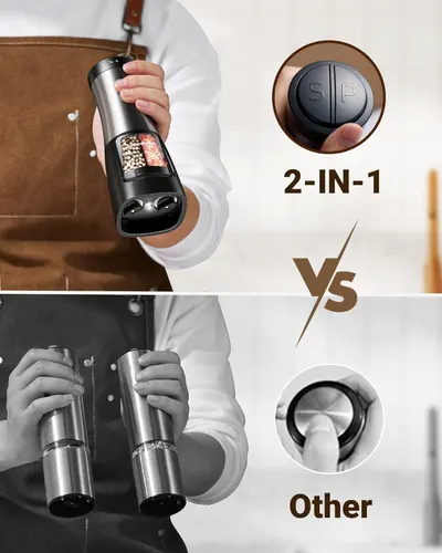 Highlights the product's unique 2-in-1 design with dual compartments compared to traditional single-compartment grinders, showcasing its superiority and…