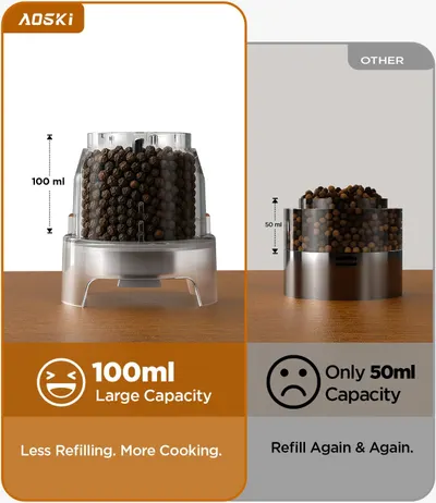Highlights the product's larger 100ml capacity compared to competitors, emphasizing less frequent refilling and more convenience for cooking.