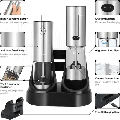 Highlights the key components and features of the electric salt and pepper grinder set to showcase its functionality and design.