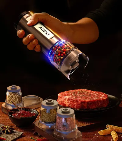 Showcases the product's electric grinding feature, emphasizing ease of use and modern design for seasoning food. Demonstrates the product in a real-world…