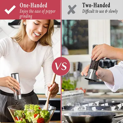 Demonstrates the superiority of the one-handed pepper grinder by contrasting its ease of use with the difficulty of traditional two-handed grinders.