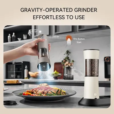 Demonstrates the simple, one-touch operation of the grinder and highlights its LED light feature for ease of use. Emphasizes the product's key benefit of…