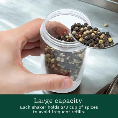 Highlights the spice shaker's large capacity to store more spices, reducing the need for frequent refills.