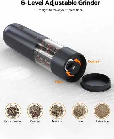 Highlights the product's 6-level adjustable grinding feature, demonstrating its versatility in producing different spice textures.