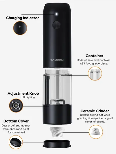 Highlights the key components and features of the electric grinder, explaining their functions and materials to showcase the product's quality and ease of use.