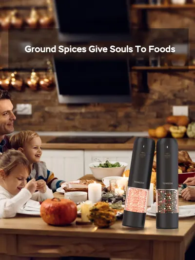 Showcases how the spice grinders enhance meal flavor while being easy to use for the whole family during mealtime.
