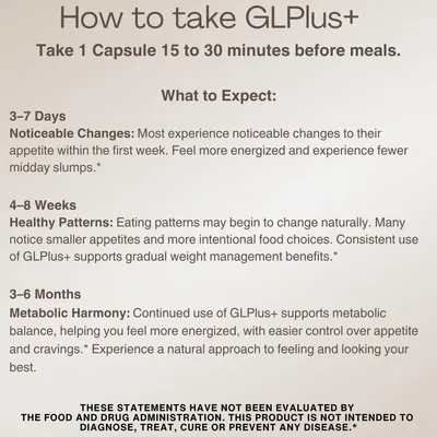 Provides clear instructions on how to take GLPlus+ and outlines what results to expect over time, helping customers understand proper usage and set realistic…