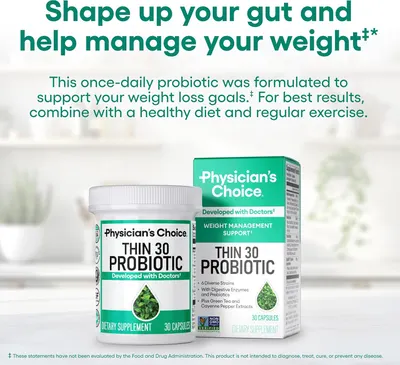 Highlights the product's ability to support gut health and weight management through probiotic supplementation.