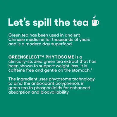 Highlights the key benefit of GREENSELECT PHYTOSOME as a clinically-studied green tea extract that supports weight loss, while being caffeine-free and gentle on the stomach.