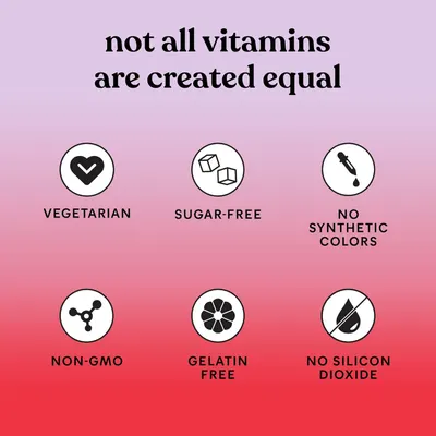 Highlights multiple health-conscious features of the vitamin product to appeal to health-aware consumers looking for clean, natural supplements.