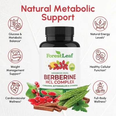 Highlights multiple health benefits of the Berberine HCL Complex supplement, emphasizing its natural metabolic support and overall wellness effects.