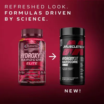 Showcases the updated packaging and branding of the Hydroxycut Hardcore Elite product, emphasizing its new, modern look.