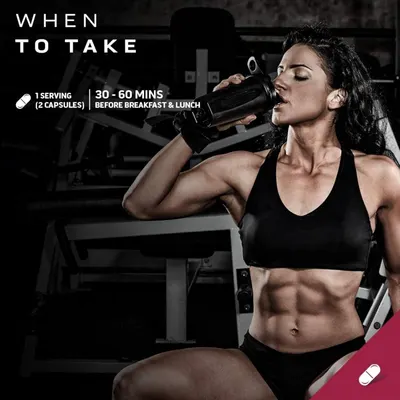 Instructs users on when to take the supplement for optimal results, specifically 30-60 minutes before breakfast and lunch.