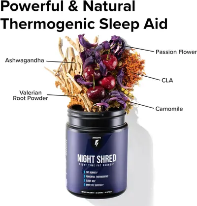 Highlights the product's multiple benefits as a powerful natural sleep aid and thermogenic fat burner, showcasing its key ingredients.