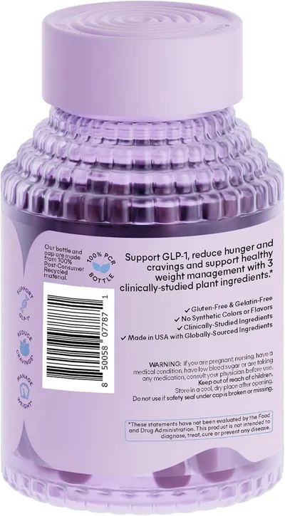 Highlights the product's ability to support GLP-1, reduce hunger and cravings, and aid in weight management using plant ingredients.