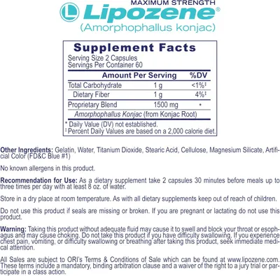 Provides detailed nutritional information and usage instructions for the Lipozene dietary supplement.