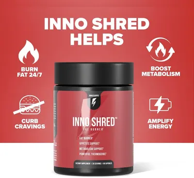 Highlights multiple benefits of the Inno Shred supplement to show its comprehensive approach to weight loss and fitness support.