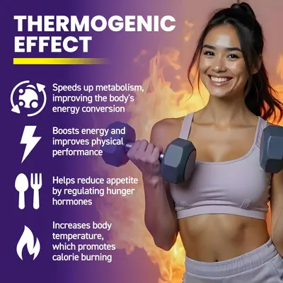 Highlights multiple benefits of the thermogenic effect, showing how it improves metabolism, energy, appetite control, and calorie burning to appeal to…