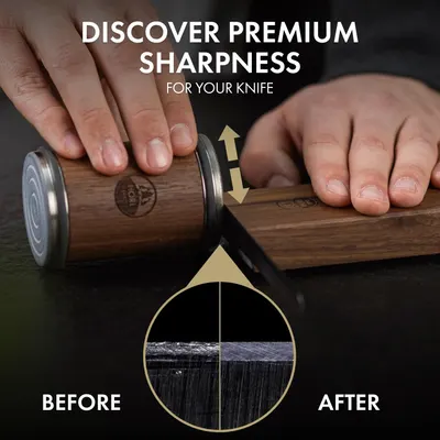 Demonstrates the product's ability to significantly sharpen knives, showing the before and after effect on a blade. Visually proves the effectiveness of the knife sharpener by contrasting the…