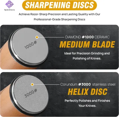 Highlights the different types of sharpening discs and their specific uses for achieving razor-sharp precision and lasting quality in knife sharpening.