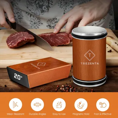 Highlights multiple features and benefits of the knife sharpener, emphasizing its durability, ease of use, and effectiveness.
