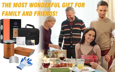 Positions the product as an ideal gift for family and friends during holiday gatherings. Shows the various items included in the gift set to demonstrate value and completeness of the offering.