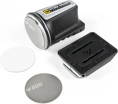 Shows all the components included with the Work Sharp knife sharpener, demonstrating the complete package customers will receive.