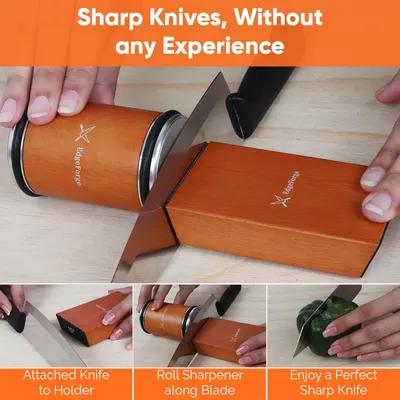Demonstrates the easy process of sharpening knives using the product, emphasizing that no experience is required. Highlights the product's main benefit of effortlessly sharpening knives without any…