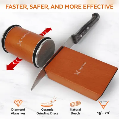 Highlights multiple features of the knife sharpener to demonstrate its superior performance and quality construction.