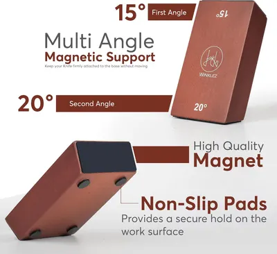 Highlights the product's versatile angles, magnetic knife attachment, and stable non-slip base to showcase its functionality and convenience for knife storage.
