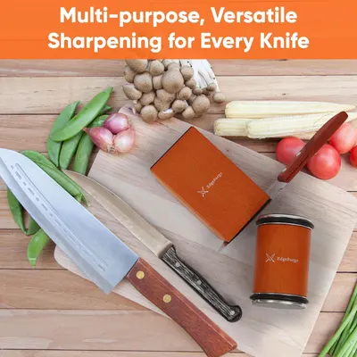 Demonstrates the versatility of the knife sharpener by showing various types of knives it can sharpen, alongside cooking ingredients to reinforce its kitchen utility.