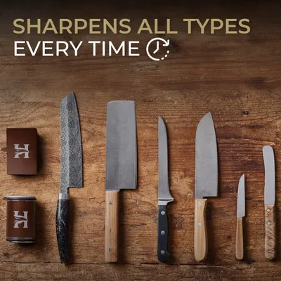 Emphasizes the product's ability to sharpen all types of knives consistently, reassuring customers of its versatility and effectiveness.