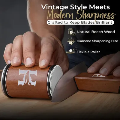 Highlights the product's key features combining vintage aesthetics with modern functionality for effective blade sharpening.