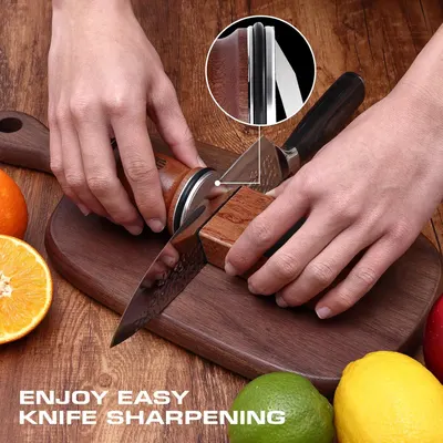 Demonstrates the ease of sharpening knives with the product, highlighting its user-friendly design for kitchen maintenance.