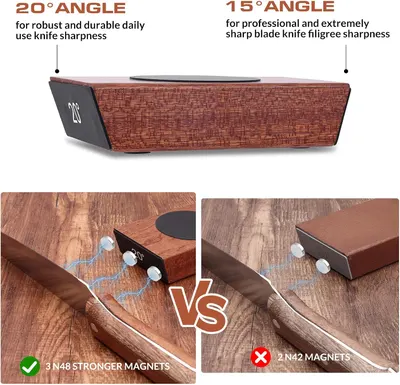 Highlights the product's two sharpening angles for different knife uses and its superior magnetic strength compared to competitors.