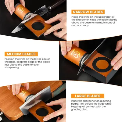Demonstrates the correct technique for sharpening different types of knife blades using the product, ensuring proper use and optimal results.